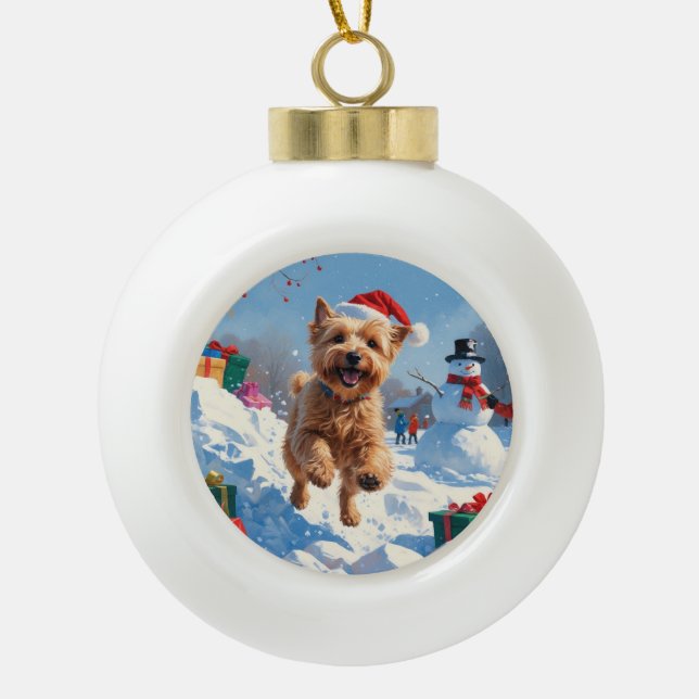 Boule En Céramique Terrier rouillé en neige avec Casquette de Noël (Devant)