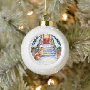 Boule En Céramique Terrier Tchèque Escalier enneigé Art de Noël