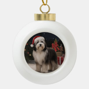 Boule En Céramique Tibetan Terrier dans la neige de Noël 