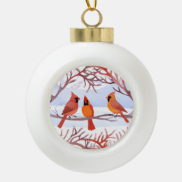 Boule En Céramique Trois cardinaux rouges dans les branches de neige