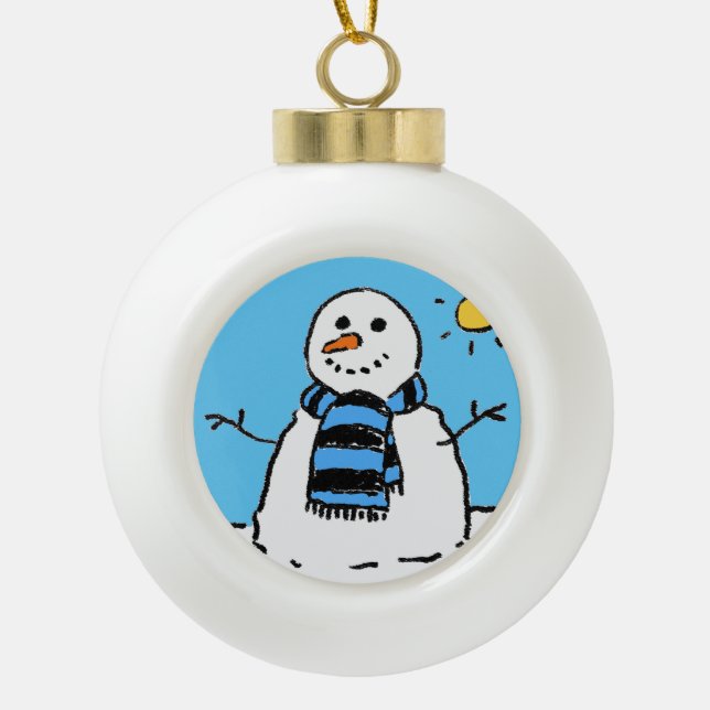 Boule En Céramique Un bonhomme de neige sur une scène d'hiver. (Devant)