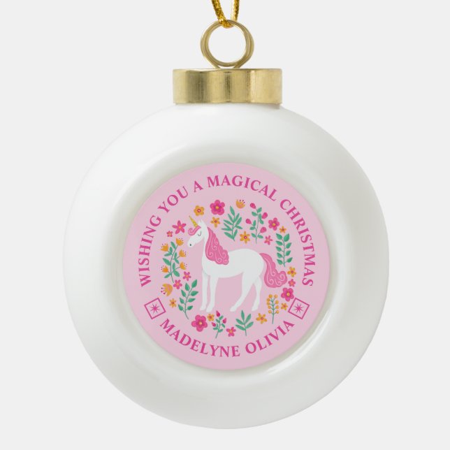 Boule En Céramique Unicorn Fleurs Magique Noël Personnalisé (Devant)
