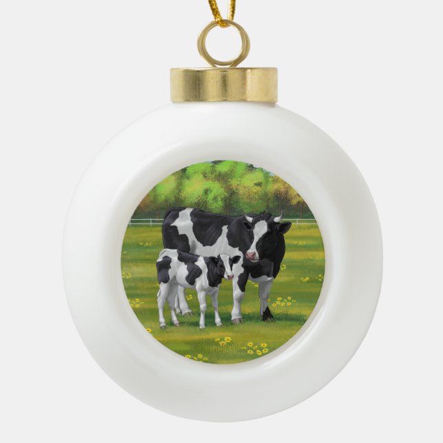 Boule En Céramique Vache Holstein et veau mignon en pâturage d'été (Devant)