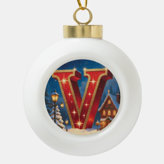 Boule En Céramique Village de Noël personnalisé avec la lettre initia (Devant)