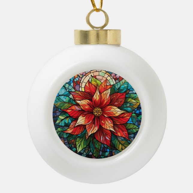 Boule En Céramique Vitraux de Noël Fleur rouge Poinsettia (Devant)