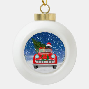 Boule En Céramique Voiture De Conduite De Chien De Terre-Neuve À Noël