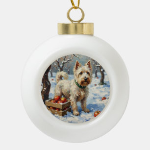 Boule En Céramique Westie vintage dans un verger enneigé à Noël