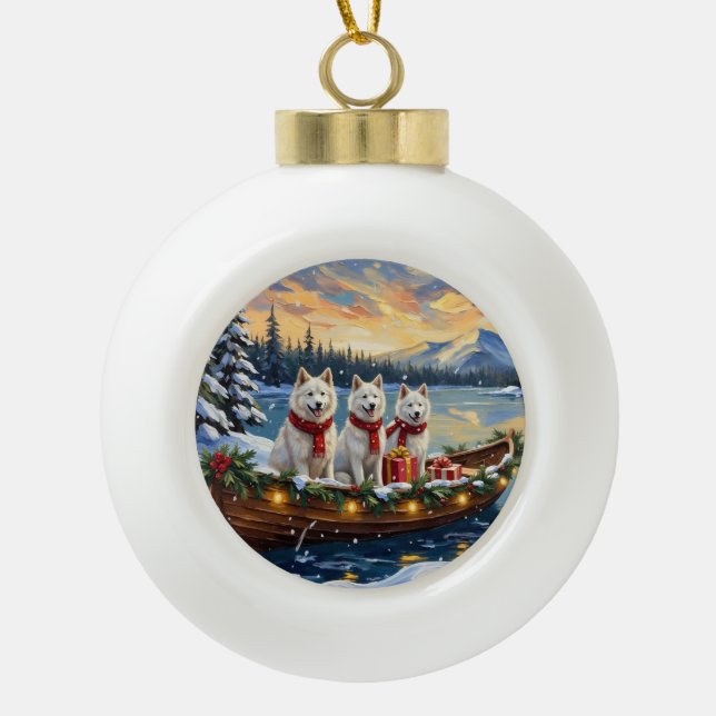 Boule En Céramique White American Eskimo Dog Christmas Boat Holiday (Devant)