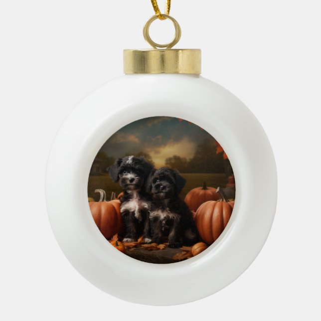 Boule En Céramique Yorkipoo Chiot Automne Citrouille délice (Devant)