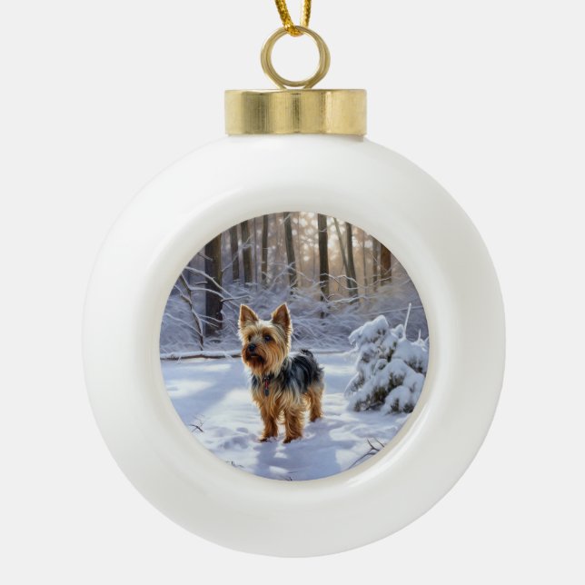 Boule En Céramique Yorkshire Terrier Laisser Neige Noël (Devant)