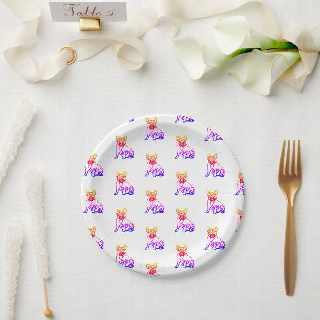 Bouledogue français avec assiette en carton de ban (Mariage)