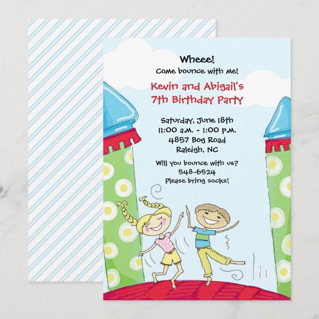Bounce House Invitations Green Boy and Girl (Devant / Derrière)