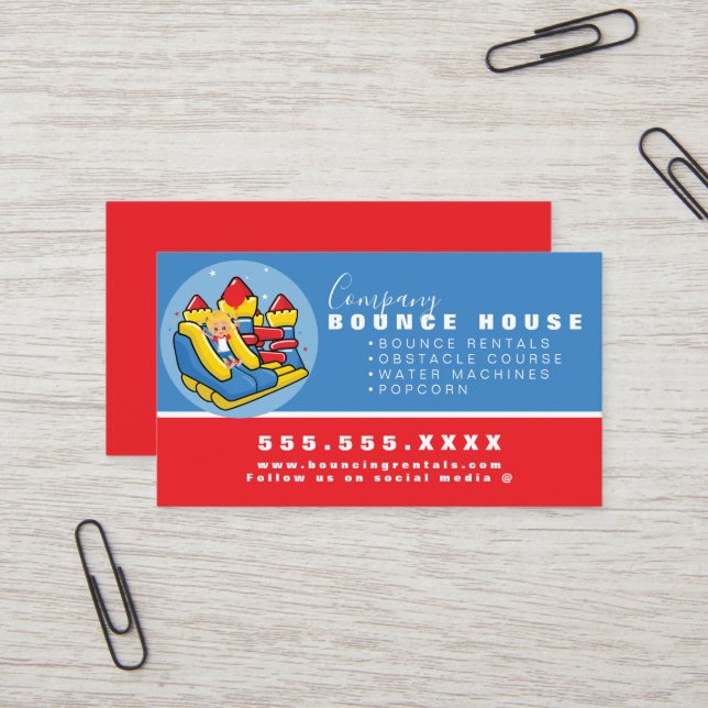 Bounce House Logo Party Miete Red Blue Visitenkarte (Vorderseite/Rückseite Beispiel)