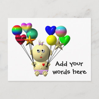 BOUNCING BABY MIRL MIT 10 BALLOONS POSTKARTE