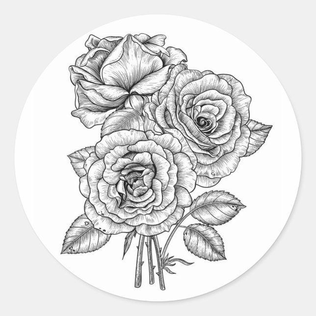 Bouquet aus Rose in Schwarz und Weiß Runder Aufkleber (Vorderseite)