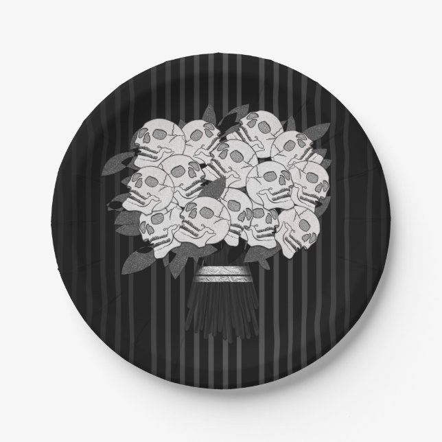 Bouquet aus Skull-Rose Schwarz-Weiß-Party Pappteller (Vorderseite)