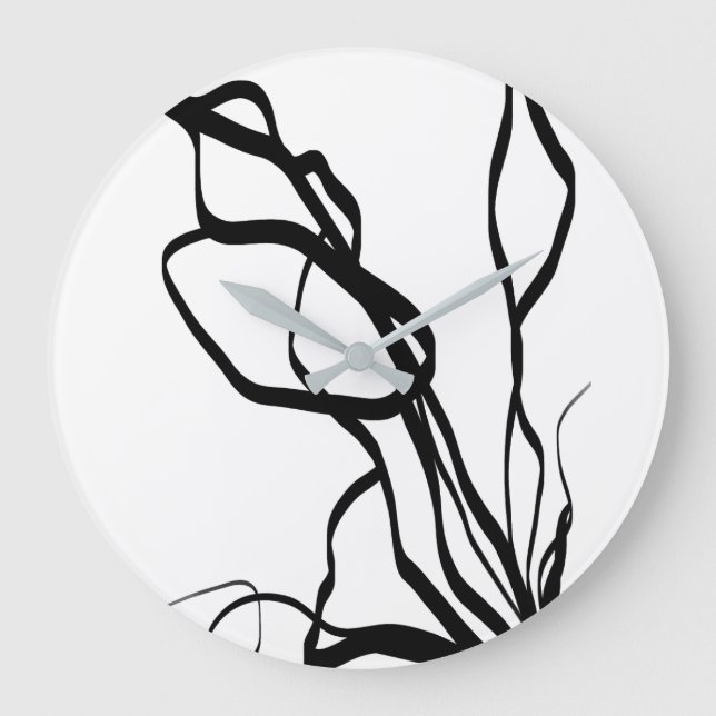Bouquet Blanc: Abstrakt Weiß und Schwarz Große Wanduhr (Vorderseite)