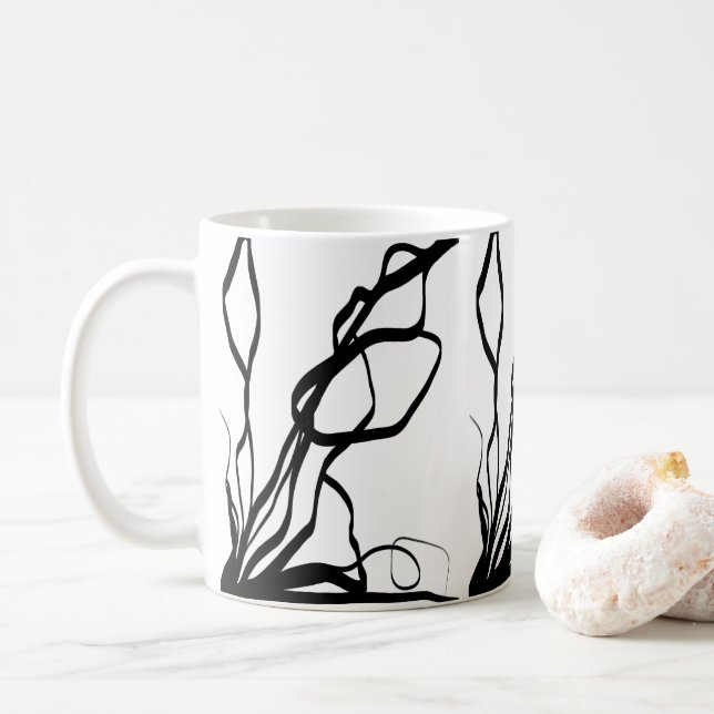 Bouquet Blanc: Abstrakt Weiß und Schwarz Kaffeetasse (Mit Donut)