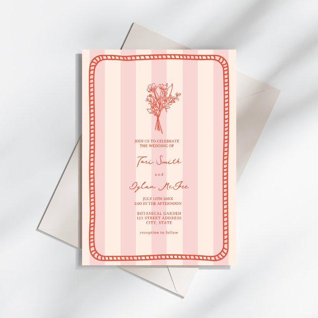 Bouquet Border Pink Stripe Tropical Wedding Einladung (Von Creator hochgeladen)