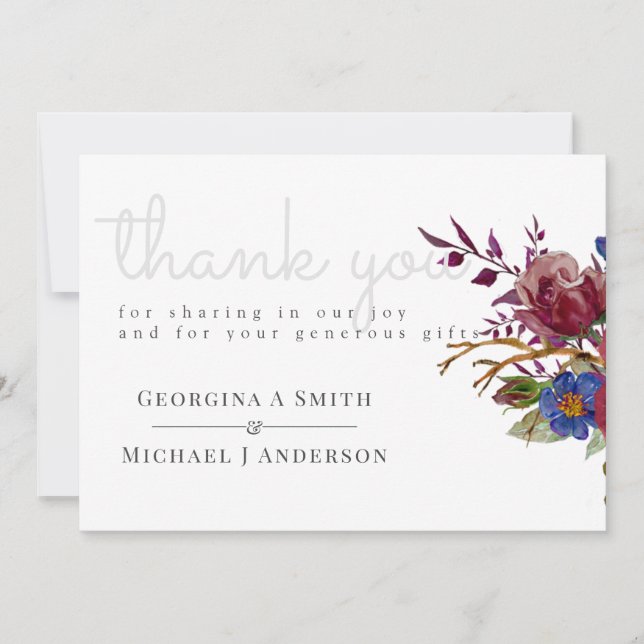 Bouquet Burgundy Floral Navy Blue PInk COUPLES Dankeskarte (Vorderseite)