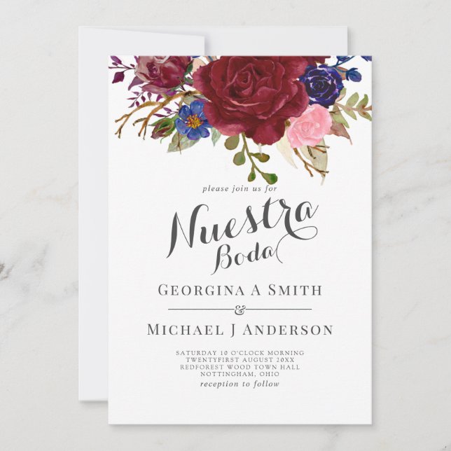 Bouquet Burgundy Floral Navy Blue PInk COUPLES Einladung (Vorderseite)