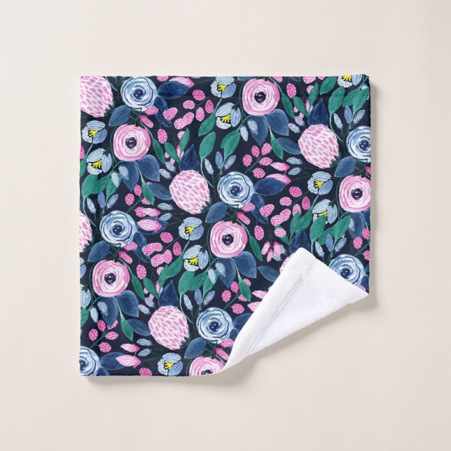 Bouquet d'aquarelle bleu marine rose (Gant de toilette)