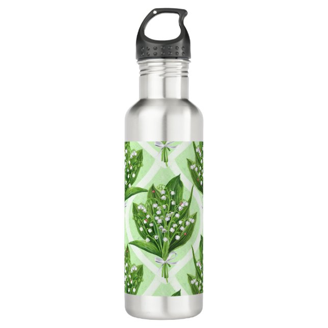 Bouquet der Lilie des Tales Blume auf grün Edelstahlflasche (Vorderseite)