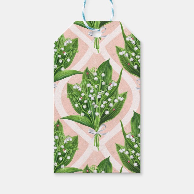 Bouquet der Lilie des Tals Blume auf rosa Geschenkanhänger (Vorderseite)