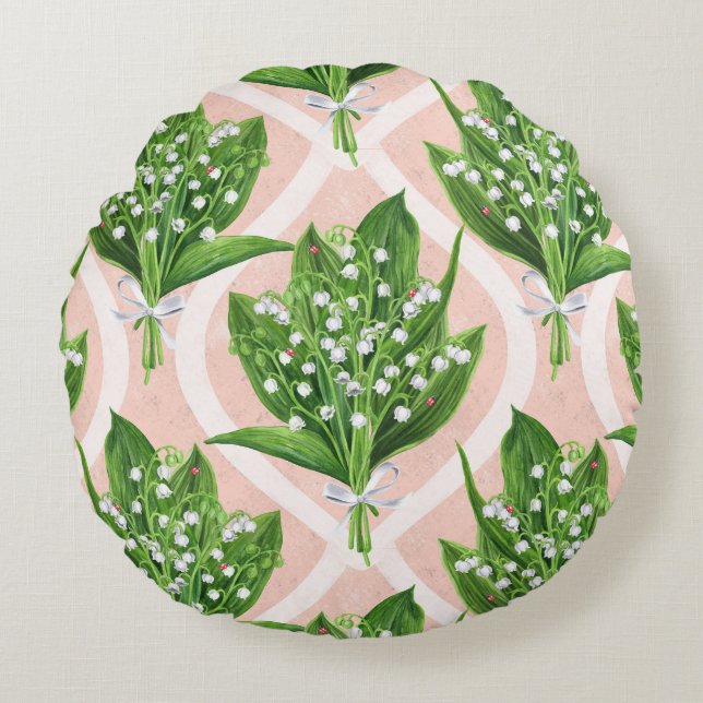 Bouquet der Lilie des Tals Blume auf rosa Rundes Kissen (Vorderseite)