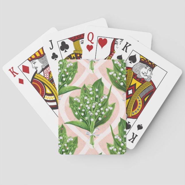 Bouquet der Lilie des Tals Blume auf rosa Spielkarten (Rückseite)