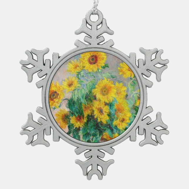 Bouquet der Sonnenblumen Claude Monet Schneeflocken Zinn-Ornament (Vorderseite)
