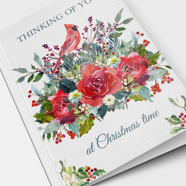 Bouquet et cardinal de la carte de sympathie de (Thinking Of You At Christmas Time Remembrance Sympathy Loss Memorial Christmas Holiday Card)