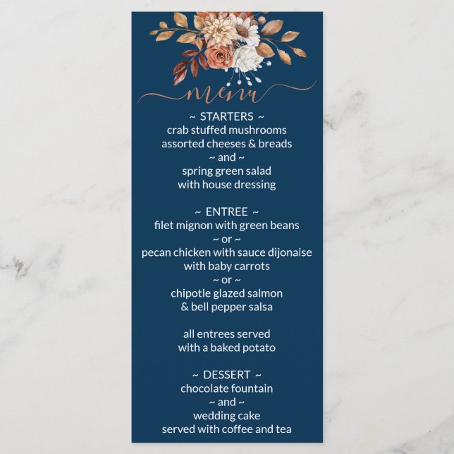 Bouquet floral Automne Marine Mariage bleu Menu (Devant)