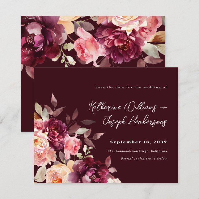 Bouquet floral Burgundy Hochzeit speichern Sie das (Vorne/Hinten)