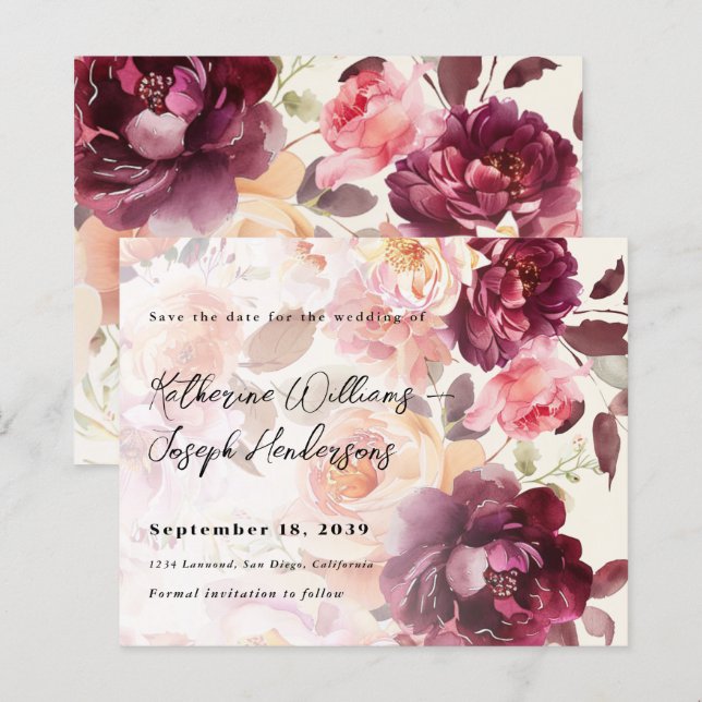 Bouquet floral Burgundy Hochzeit speichern Sie das (Vorne/Hinten)