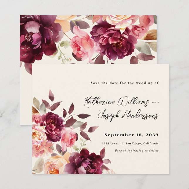 Bouquet floral Burgundy Hochzeit speichern Sie das (Vorne/Hinten)