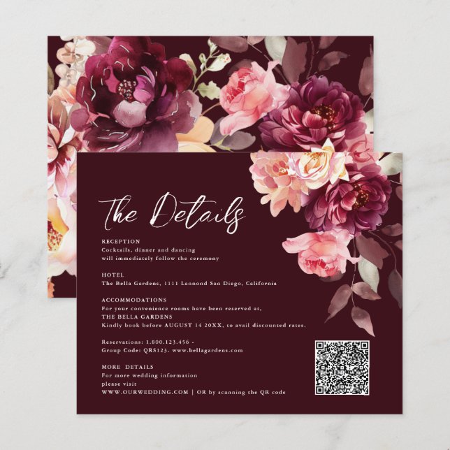 Bouquet Floral Burgundy QR-Code Details Hochzeit (Vorne/Hinten)