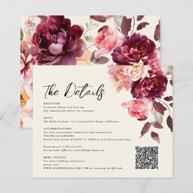 Bouquet Floral Burgundy QR-Code Details Hochzeit (Vorne/Hinten)