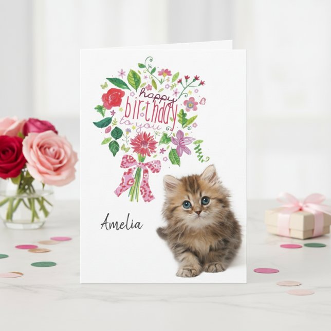 Bouquet floral Cute Kitten Carte d'anniversaire (Cute Kitten Floral Bouquet Birthday Card)