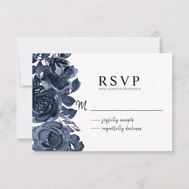 Bouquet floral d'encre bleu foncé moderne RSVP (Devant)