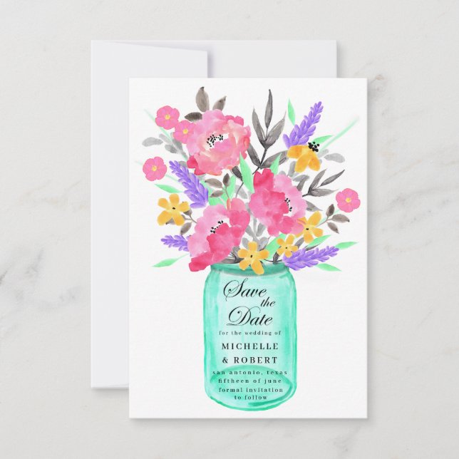 Bouquet Floral Mason Jar Enregistrer La Carte Date (Devant)