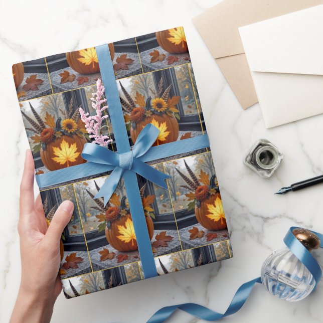 Bouquet im Herbst in einem Orangen Kürbis Geschenkpapier (Schenken)