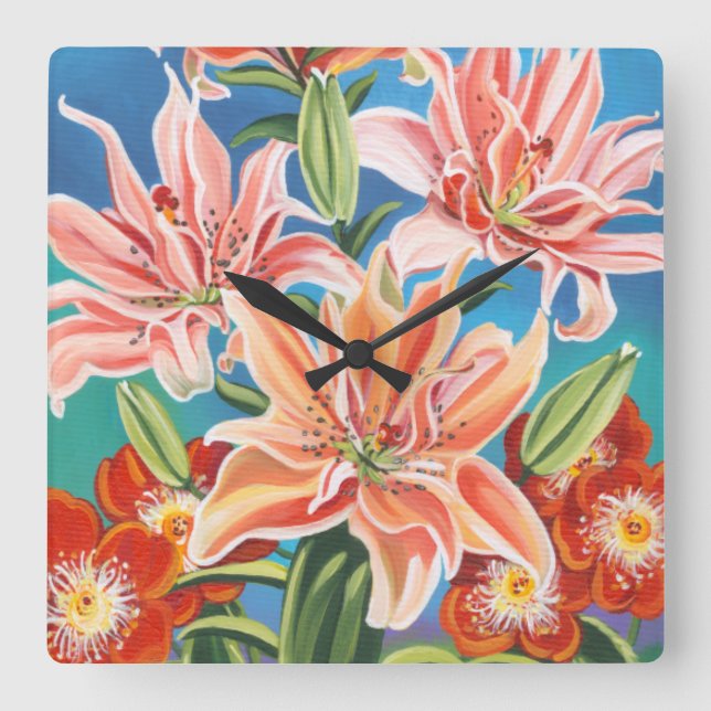 Bouquet in Border II Quadratische Wanduhr (Vorderseite)