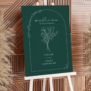 Bouquet Line Art Emerald Wedding Welcome Poster