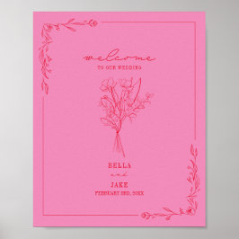 Bouquet Line Art Pink Red Wedding Empfang Poster