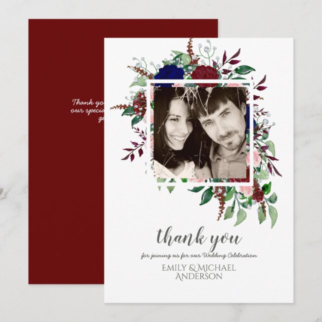 Bouquet Marsala Blue Pink Blume DANKEN Einladung (Vorne/Hinten)