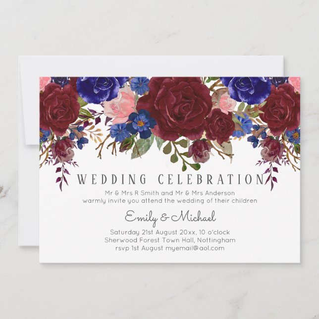 Bouquet Marsala Navy Blue Pink Floral WEDDING Einladung (Vorderseite)