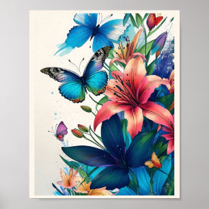 Bouquet mit bunten Blume und Schmetterlingen Poster