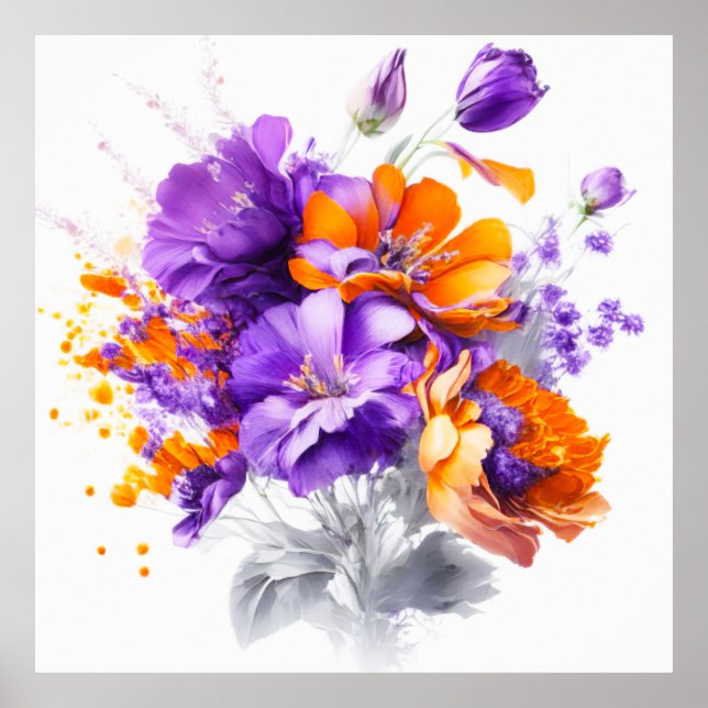 Bouquet mit orangefarbenen und violetten Blumen Poster (Vorne)