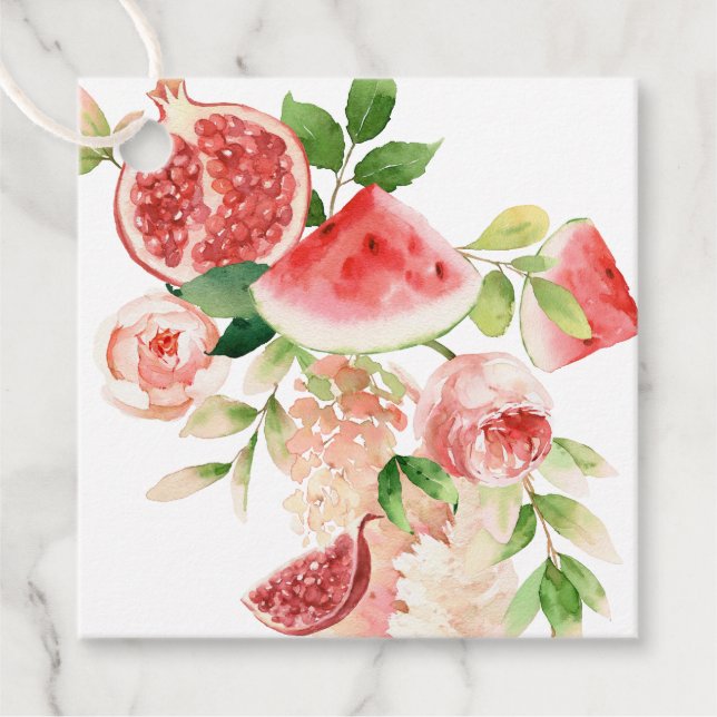 Bouquet mit rosafarbenen Blume und Früchten Geschenkanhänger (Vorderseite)